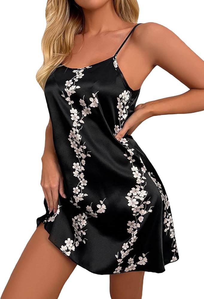 Floerns Women's Sleeveless Floral Print Spaghetti Strap Satin Chemise Nightgown