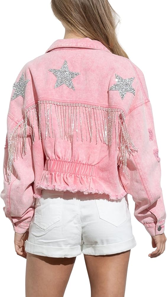 FindThy Women’s Rhinestone Fringe Jean Jacket Cropped Distressed Star Print Denim Jackets Coats