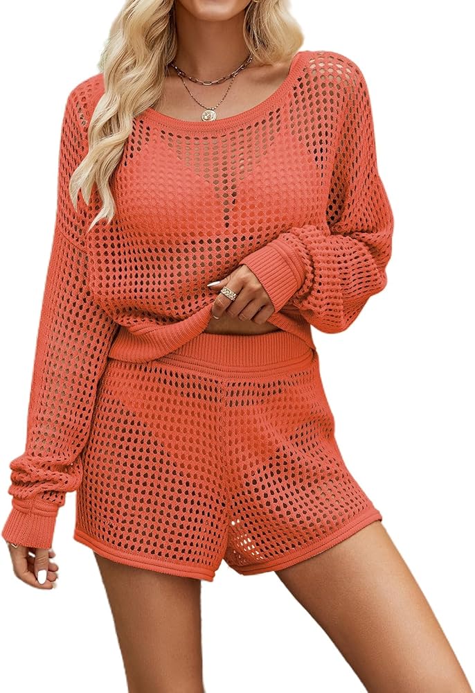 Lu's Chic Women's Crochet Knit 2 Piece Outfits Long Sleeve Track Suit Hollow Out Summer Casual Comfy Shorts Set