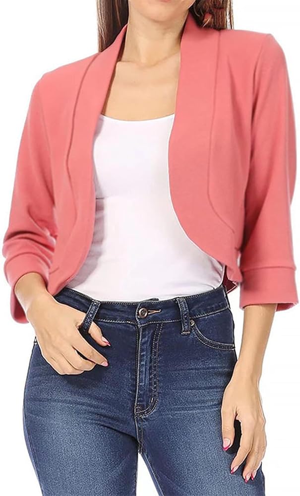 Women's 3/4 Sleeve Lightweight Casual Work Blazer Jacket Collarless Open Front Cardigans Solid Cropped Suit Tops