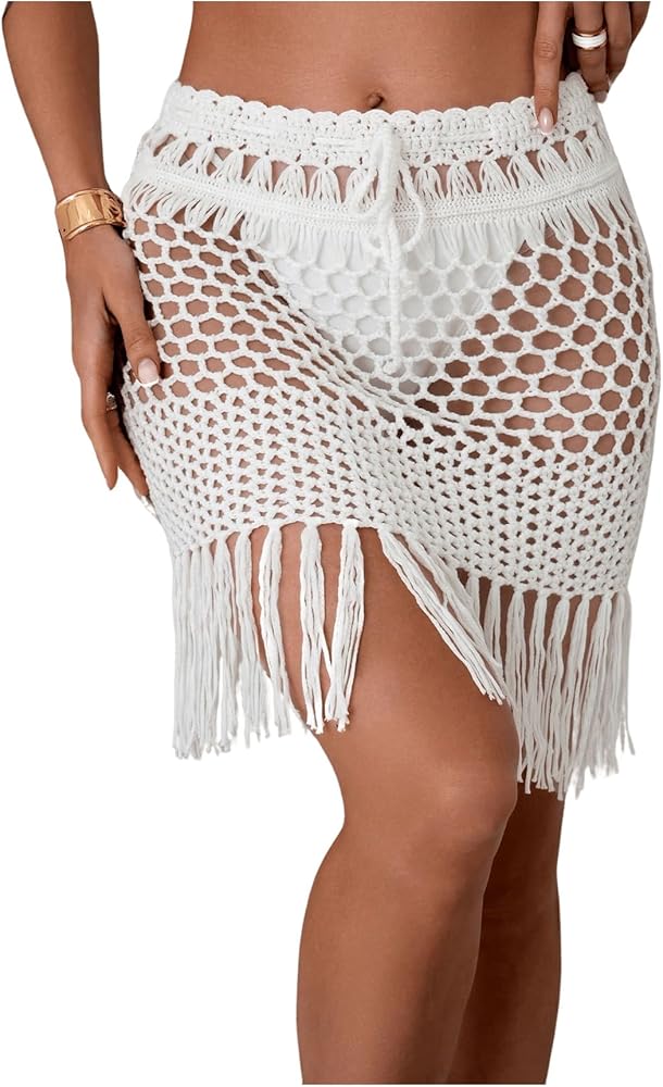 Floerns Women's Hollow Out Cover Ups Skirt Sheer Fringe Trim Coverups for Swimwear