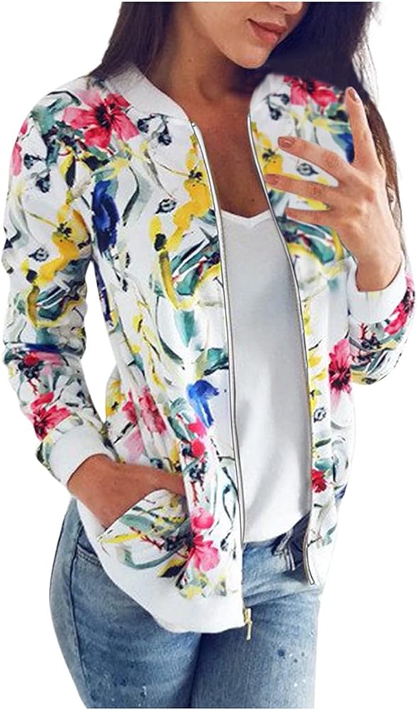 Womens Retro Floral Printing Zipper Jacket Vintage Baseball Jackets Casual Coat Outwear for Women