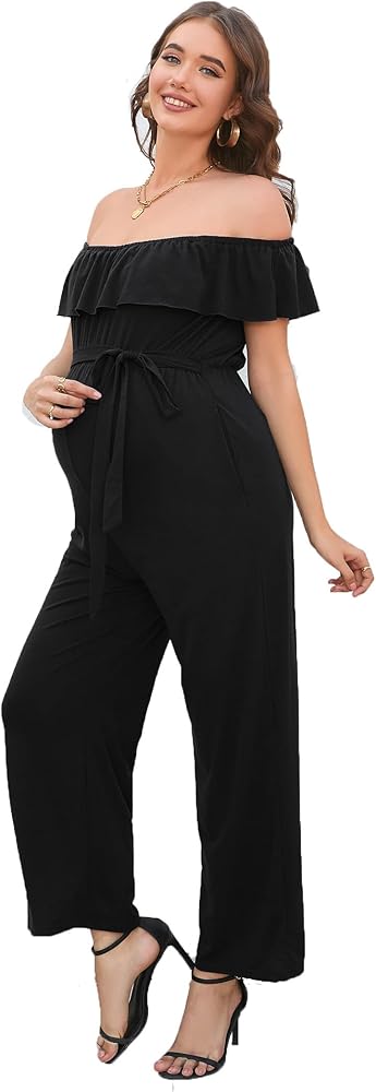 KOJOOIN Women's Maternity Jumpsuits Off Shoulder Casual Short Ruffle Sleeves Romper Belted Wide Leg Jumpsuits Overalls