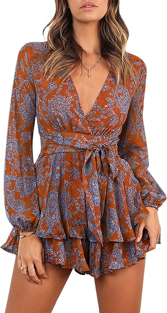 Bonkwa Women's Summer Deep V-Neck Floral Print Romper Long Baggy Sleeves Double Layer Ruffle Hem Short Jumpsuits with Belt…