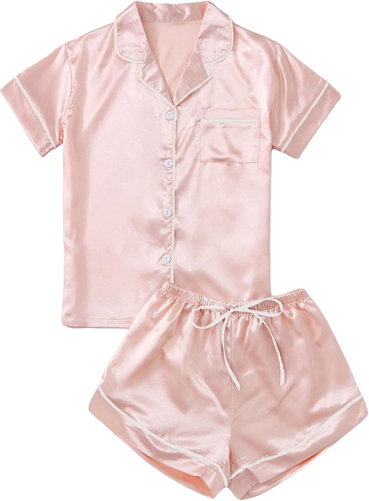 SOLY HUX Women's Short Sleeve Satin Sleepwear Button Down Shirt & Shorts Pajama Set