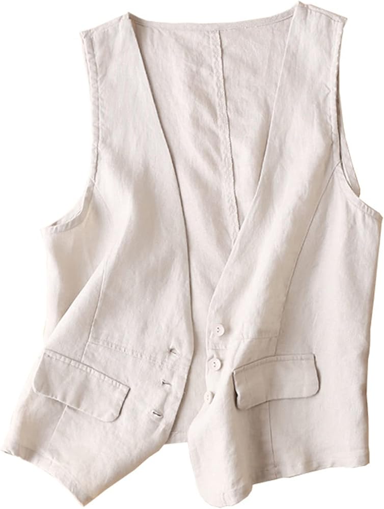 Shiyifa Women's Sleeveless Cotton Linen Vest Button Down V Neck Waistcoat Jacket(Beige,02L)