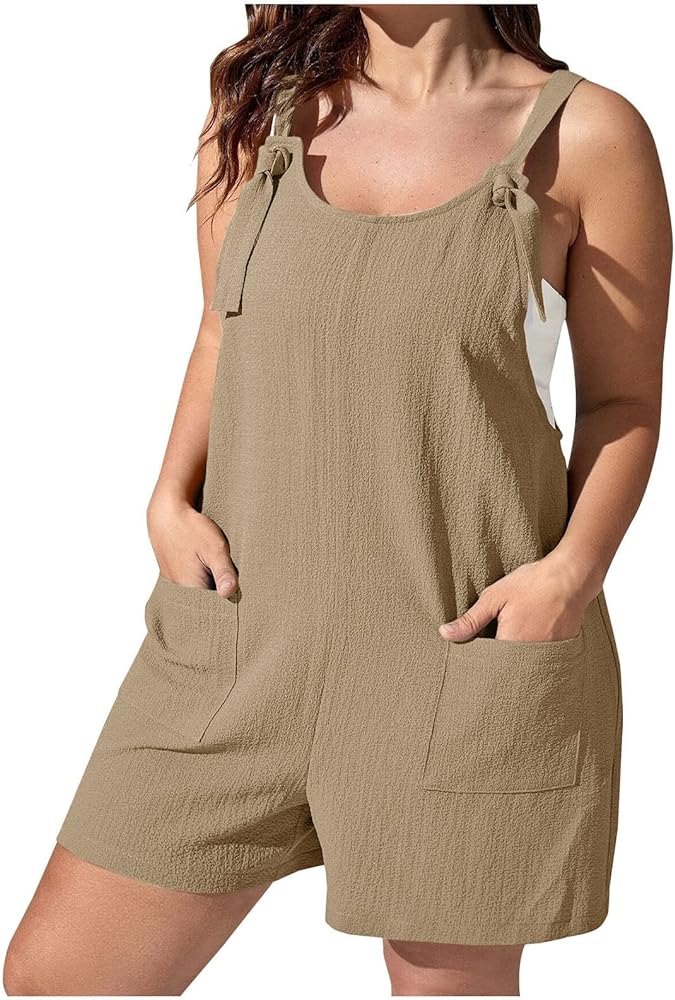 Womens Fashion Summer Solid Casual Rompers Plus Size Sleeveless Suspender Short Jumpsuits with Pockets