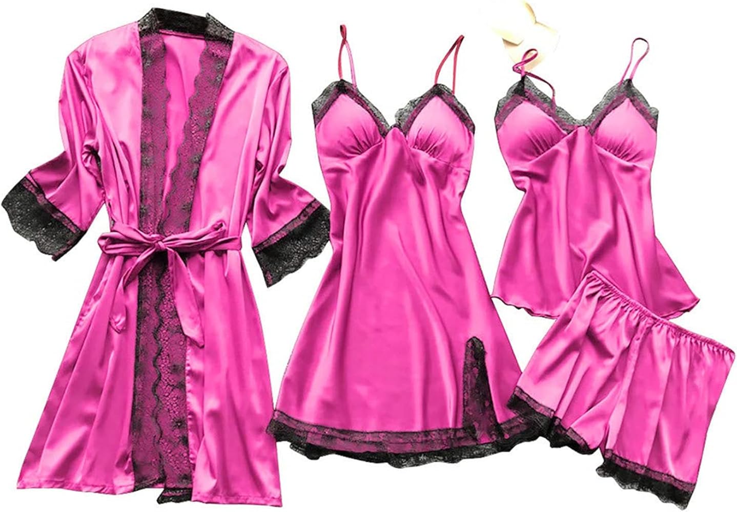 4 Pcs Satin Pajama Set for Women Silk Pj Sets Sexy Lingerie Robe Set Camisole Top and Shorts Lounge Sleepwear Pajamas