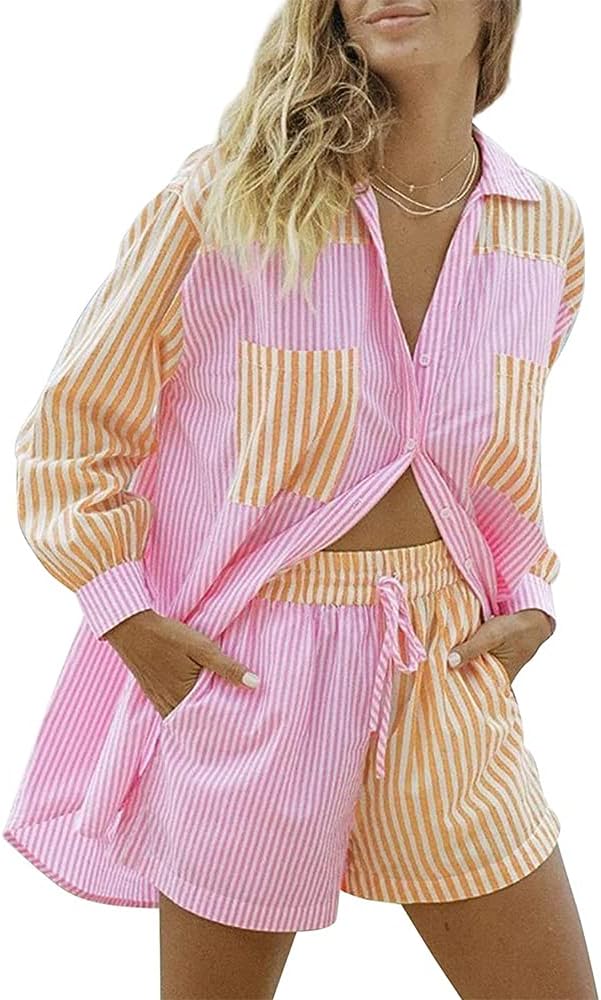 Women’s Casual 2 Piece Outfits Set Loose Fit Tracksuit Oversized Stripe Tops Long Sleeve Collar Button Shirt Shorts Set