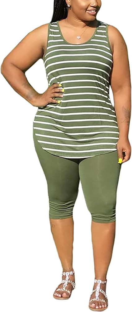 acelyn Women's 2 Piece Outfits Plus Size Casual Summer Stripe Tank Tops Biker Shorts Sets