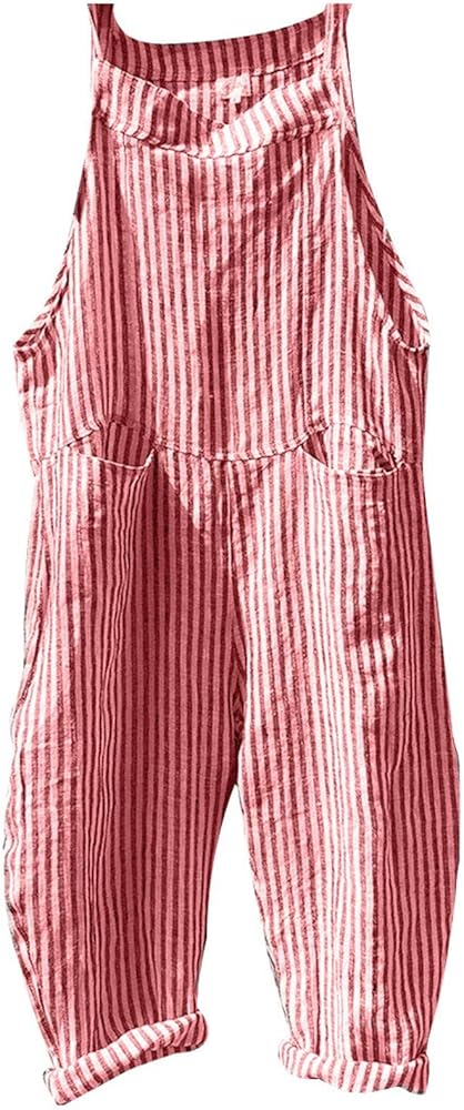 Women's Summer Pants Casual Fashion Pocket Tie Sleeveless Striped Jumpsuit Oversized Overalls, S-5XL