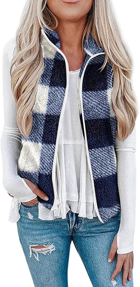 Vests for Women 2023 Fleece Lined Sherpa Jacket Womens Fashion Sleeveless Fuzzy Lightweigt Winter Coats Plus Size Crop Tops Dressy Casual Fall Clothes Puffer Vest Y2k Clothes(1A-Dark Blue,Large)