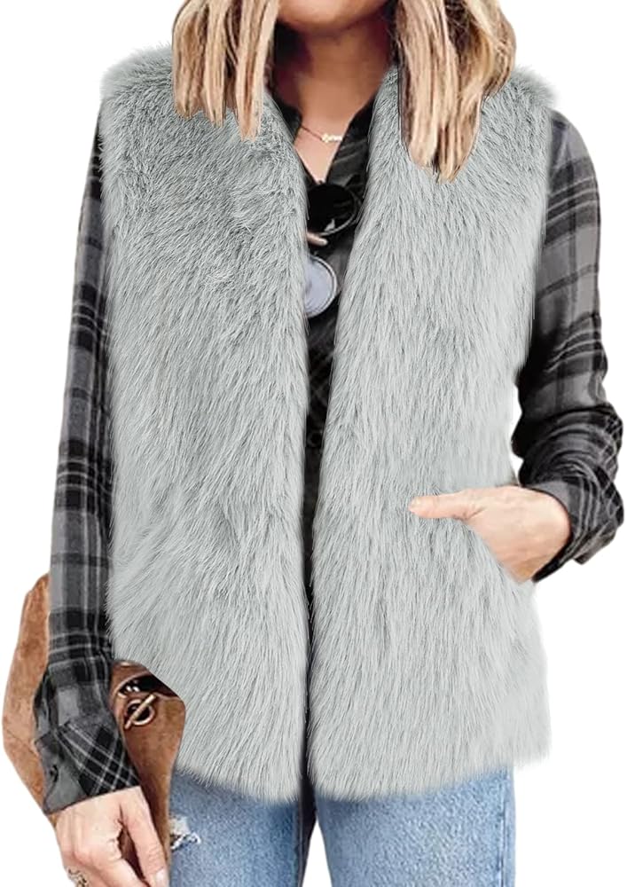 Soulomelody Women Faux Fur Vests Sleeveless Waistcoat Jacket Open Front Outwear Warm Fall Winter