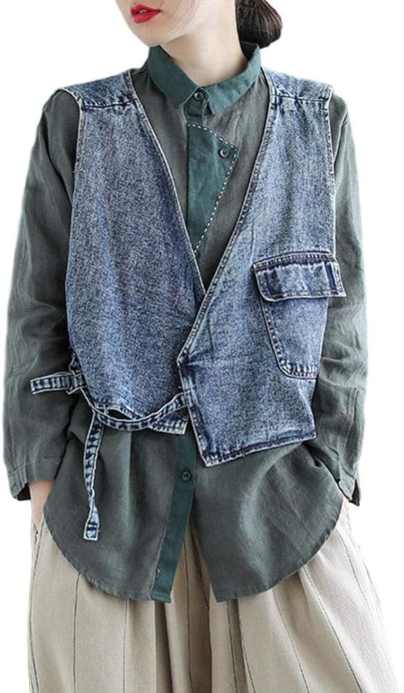 Retro Women's Loose Jean Vests Lace up Short Style Denim Jacket Waistcoats