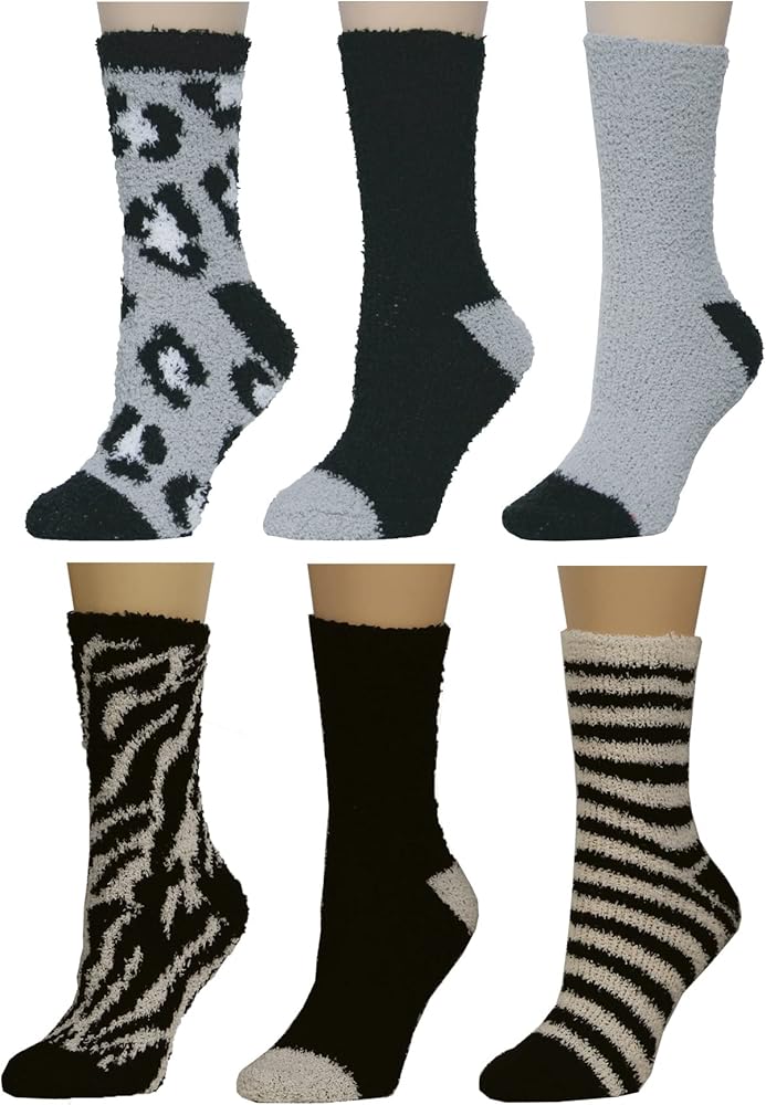 Badgley Mischka Ladies Classic Cozy Soft Plush Slipper Crew Socks, Animal Print Cheetah & Zebra, Black/Grey, One Size, Pack of 6