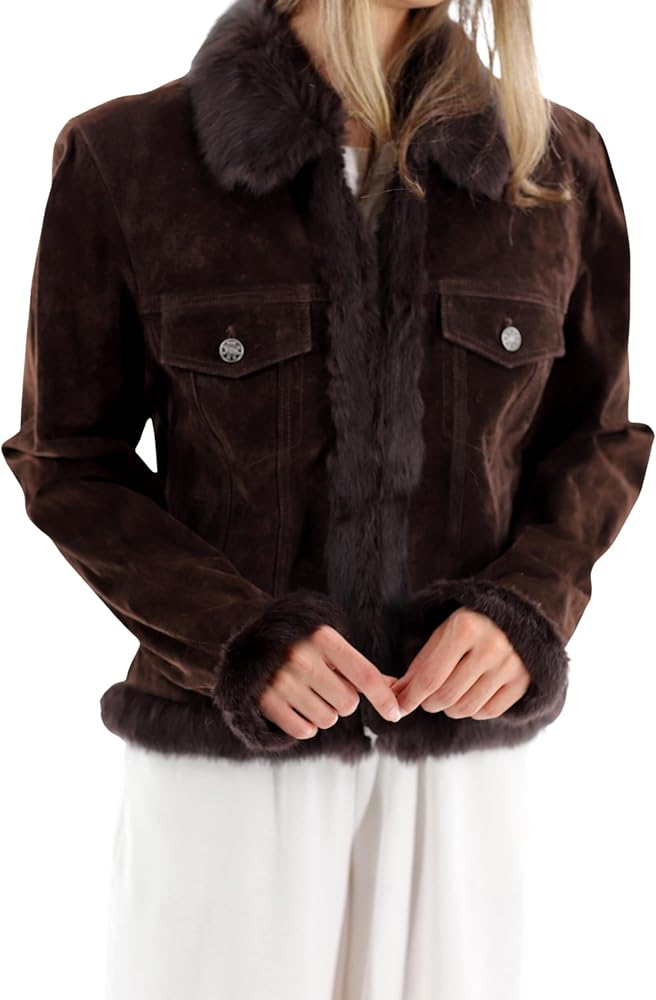 Women's Suede Leather Jacket with Fur Trim