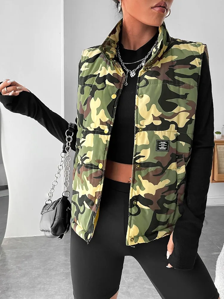 Jacket for Women - Camo Print Letter Patched Detail Snap Button Vest Puffer Coat (Color : Multicolor, Size : Medium)