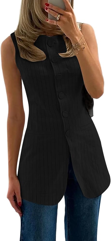 Women's Striped Long Vest Tops Button-up Sleeveless Dressy Suit Jacket Lengthen Round Neck Waistcoat