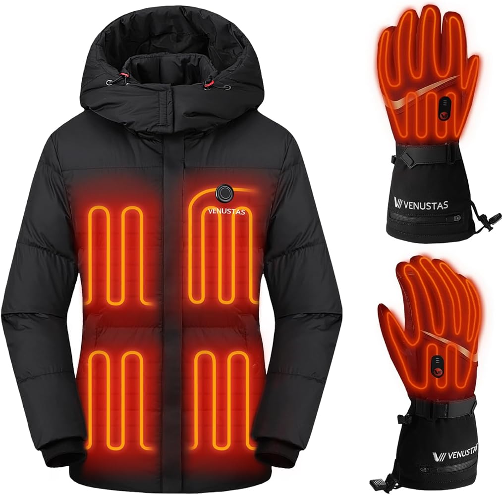 Venustas Women's Heated Down Jacket (Size XL) and Heated Gloves (size XL) for Hunting Skiing and Arthritis