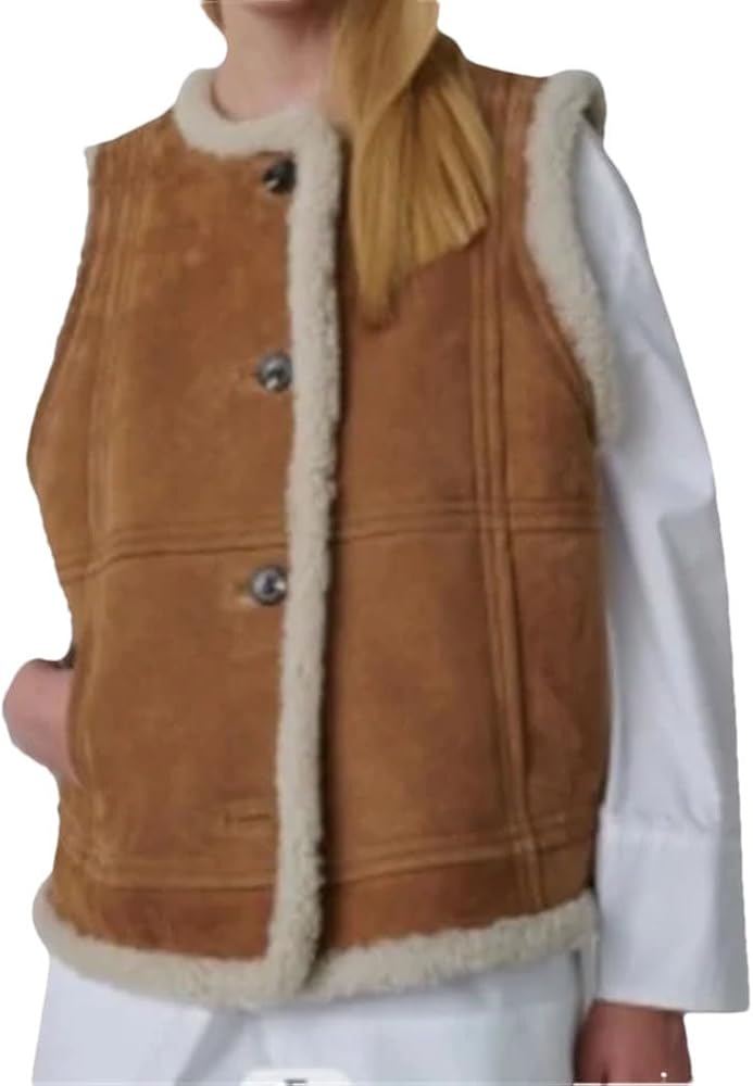 Women's Retro Plush Vest Gilet Lamb Wool Blouson Village Waistcoat Jackets Winter O Neck Chic Cashmere Coat