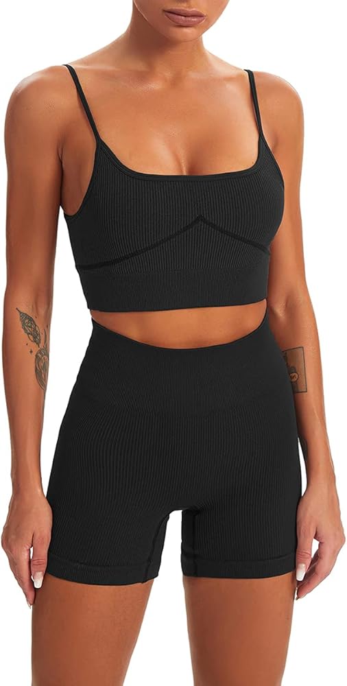 AFAVOM Ribbed Workout Sets for Women 2 Piece Yoga Outfits Seamless High Waisted Shorts with Sports Bra Crop Top Gym Tracksuit