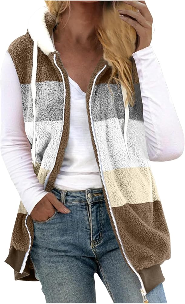 Fall Jackets For Women 2023 Trendy With Hood Fashion Zipper Waistcoat Lightweight Plus Size Color Block Vest With Hood