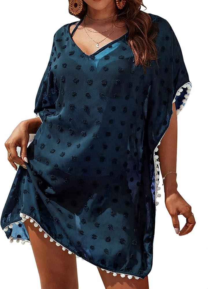 Awoscut Women's Chiffon Swimsuit Beach Bathing Suit Cover Ups for Swimwear Swiss Polka Dot Tassle Dresses Plus Size