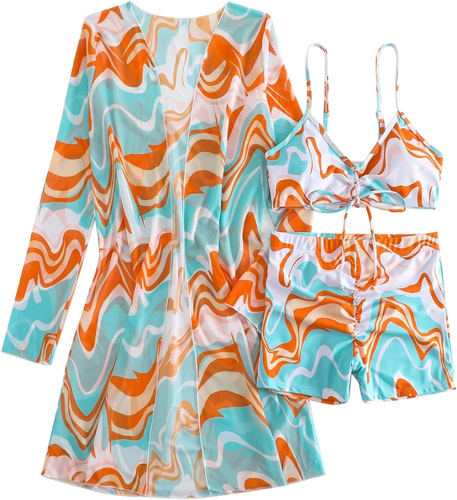 IBAKOM Women 3 Piece Swimsuit with Cover Ups Boy Shorts Bikini Set Tropical Print Kimono Push Up Bathing Suit