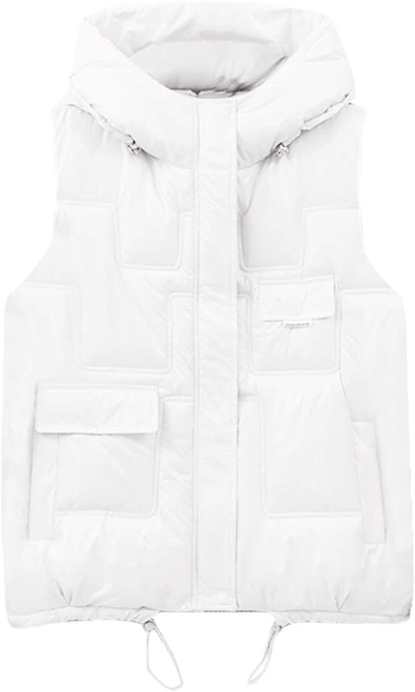 Womens Puffer Vest with Hood Quilted Sleeveless Warm Winter Coats Jacket Full Zip Down Vest Puffy Padded Gilet Waistcoat