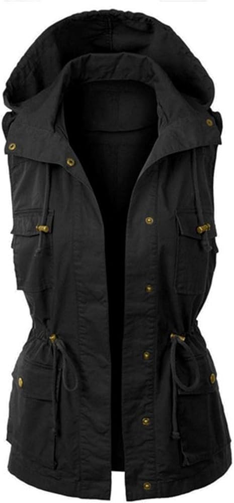 Utility Vest for Women Sleeveless High Neck Button Up Plain Shacket Jacket Hooded Coat Loose Fit Windproof Drawstring Light