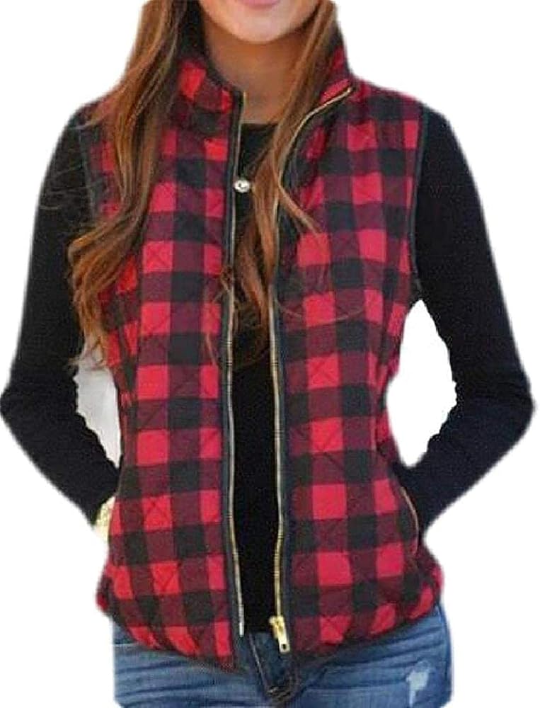 Women Vest Plaid Sleeveless Full Zip Jacket Coat Outerwear