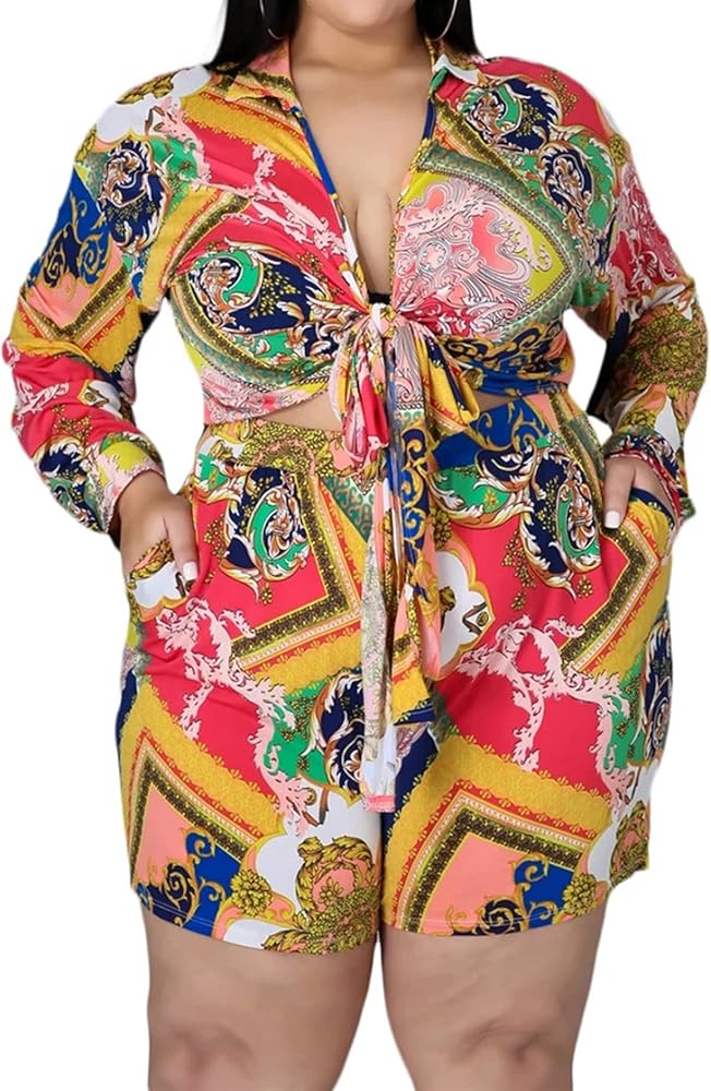 MRSYVES Sexy Plus Size Women 2 Piece Short Sets Print Outfits Long Sleeve Front Tie Knot Top Romper Summer With Pocket