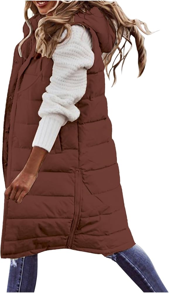 Womens Long Down Sleeveless Vests Hooded Jackets Winter Warm Outdoor Puffer Quilted Vest Plus Size Slim Zipper Coats