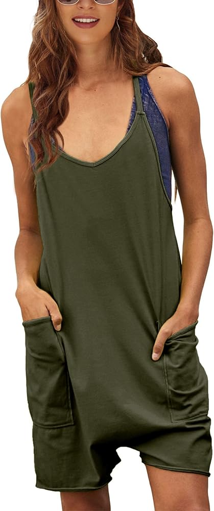 Womens Casual Summer Shorts Overalls Loose Sleeveless Spaghetti Strap Stretchy Rompers Jumpsuits with Pockets (1588-ArmyGreen-XXL-QB)