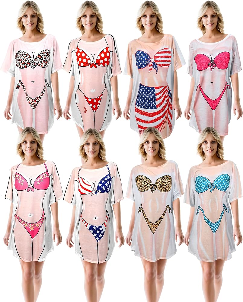 8 Pcs Women's Bikini Cover up Dress Short Sleeve Bikini Shirt Bikini Print Funny Nightgown Baggy Swimwear Cover Up