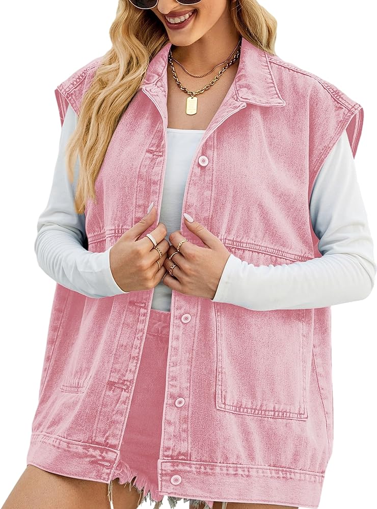 Women's Hooded Denim Jean Vest Sleeveless Lapel Button Down Vests with Hoodie Pockets