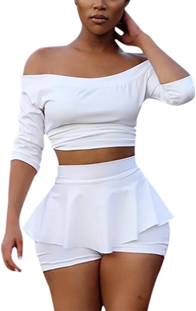 Womens Sexy 2 Pieces Off Shoulder Outfits Bodycon Solid Crop Top Pleated Pants Set Club Shorts