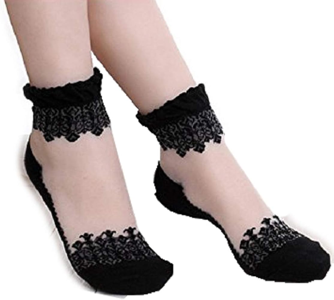 5 Pairs Sheer Lace Floral No Show Socks For Women Quality Lge Heel Grip Non Slip