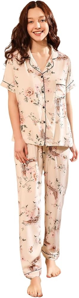 WDIRARA Women's Sleepwear Floral Short Sleeve Button Front 2 Piece Pajama Set Loungewear