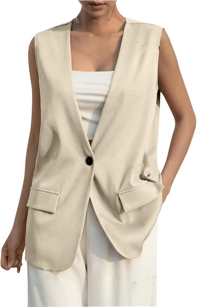 Women's Sleeveless Blazer Jackets Open Front Button Long Vest Dressy Casual Deep V Neck Office Waistcoat Cardigan Top