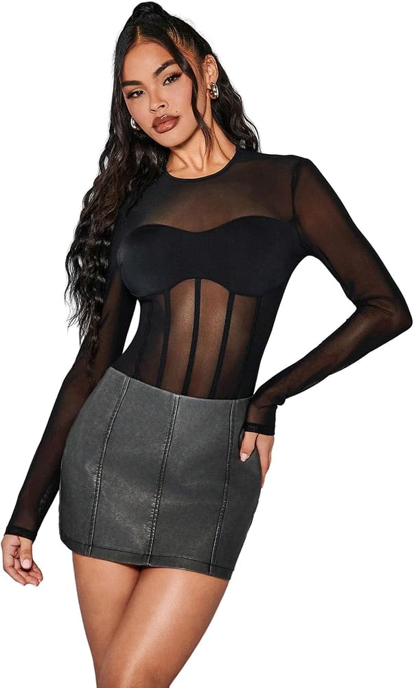 SHENHE Women's Sheer Mesh Splicing Long Sleeved Tops See Through Sexy Bodysuit