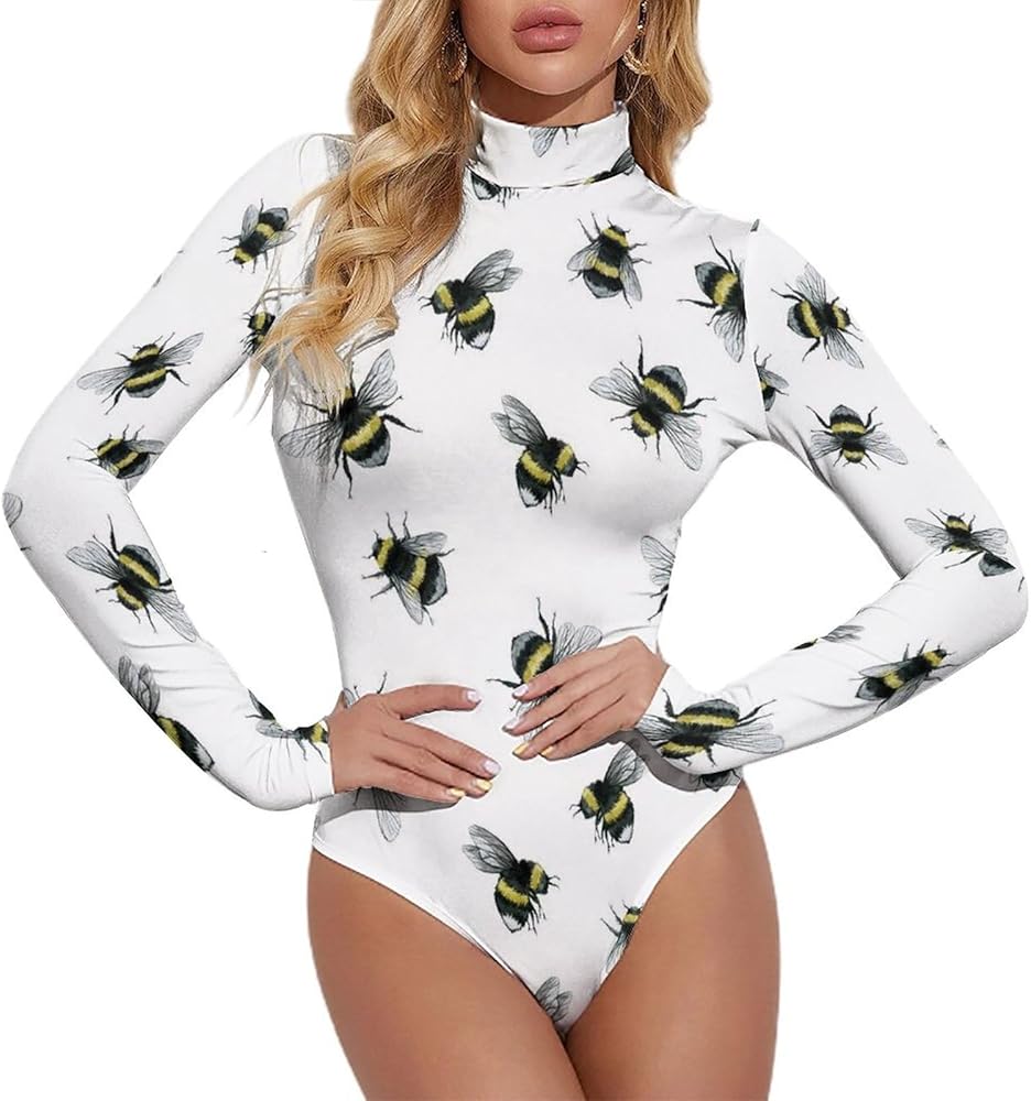 Flying Bumblebee Women's Bodysuit Tops Turtle Neck Long Sleeve Jumpsuit Print T Shirt