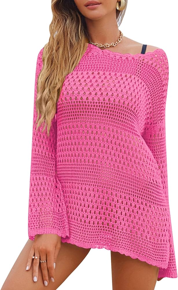 AOLRO Crochet Swimsuit Coverup for Women Long Trumpet Sleeve Bathing Suits Cover Ups Top Peach Pink Small