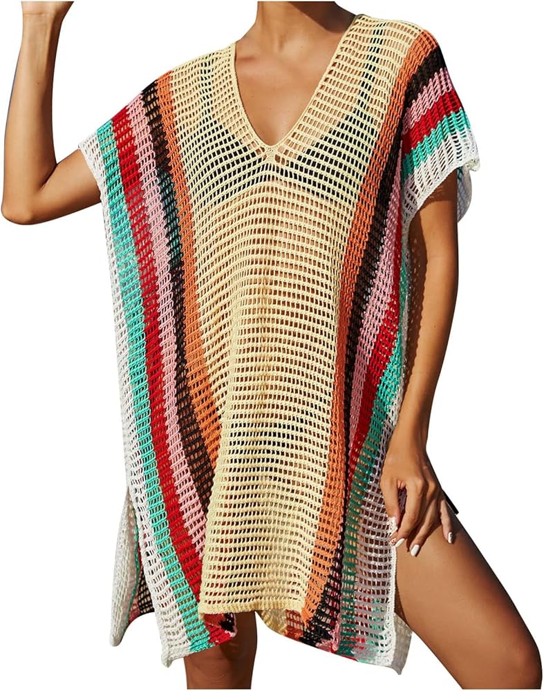 Cover Ups for Swimwear Women Crochet Hollow out Colorblock V Neck Short Sleeve Bathing Suit Cover up Baggy Sexy Dress