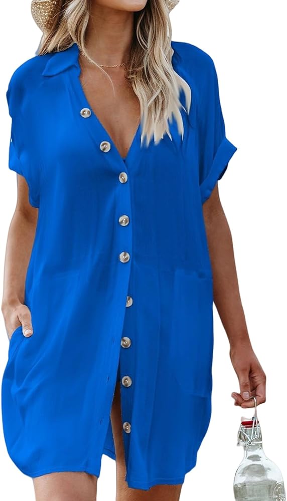 Womens Bathing Suit Cover Ups Bikini Swimsuit Coverup Summer Button Down Beach Dress Shirt Beachwear with Pockets