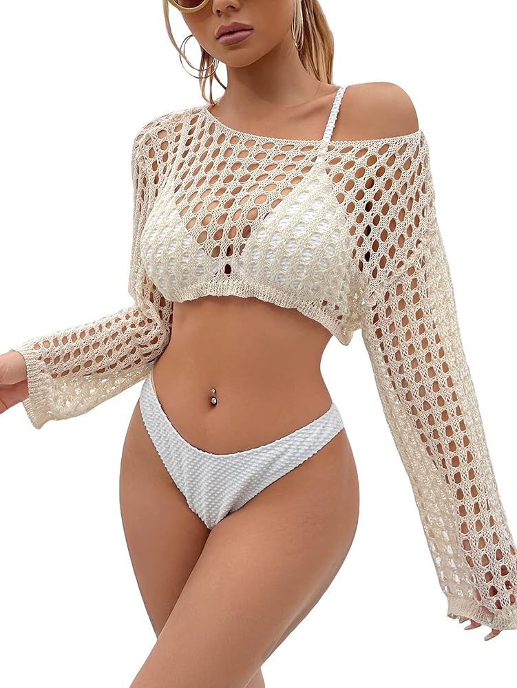 SHENHE Women's Hollow Out Crochet Beach Cover Up Sheer Long Sleeve Crop Beach Top