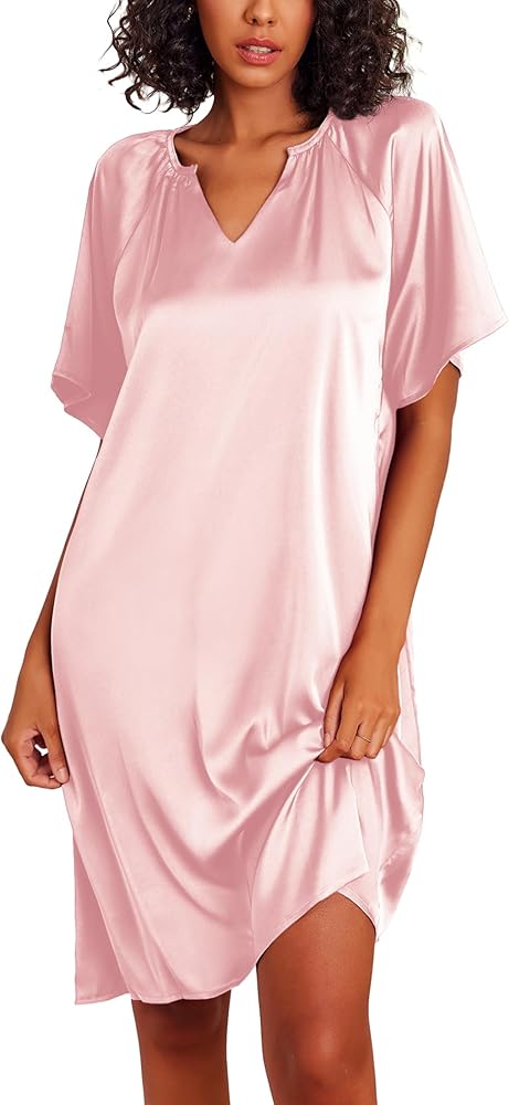 Ekouaer Women's Satin Nightgown Short Sleeve Silk Sleepshirt V Neck Sleepwear Boyfriend Loose Nightshirt