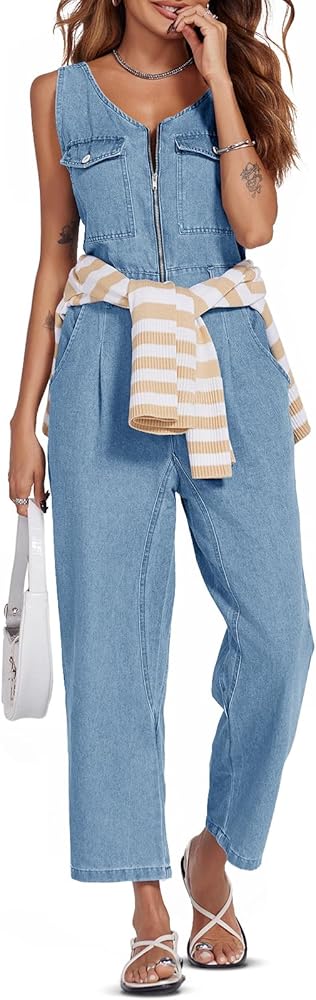 PLNOTME Womens Summer Denim Jumpsuits Zip Up Casual Cropped Sleeveless Jeans Overall Jumpsuits with Pockets