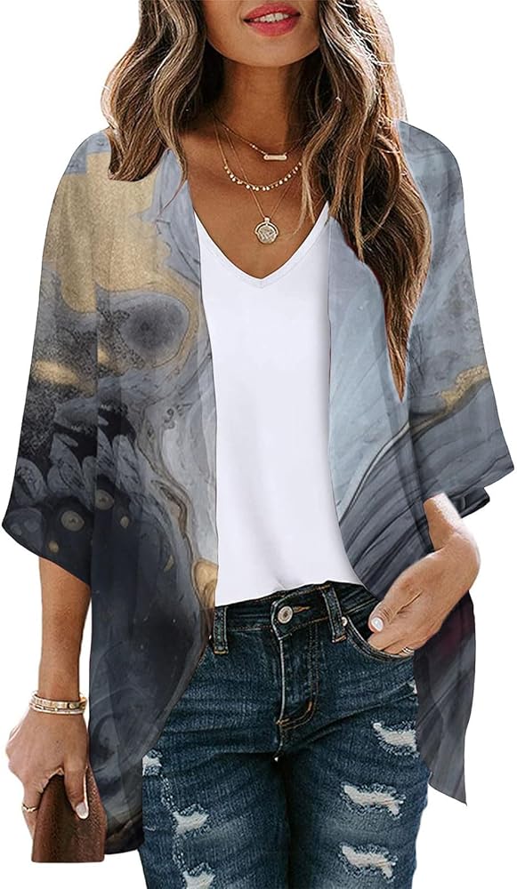 Summer Lightweight Cardigan for Women 3/4 Sleeve Chiffon Kimono Shrug Beach Cover Ups Boho Floral Swimsuit Coverup