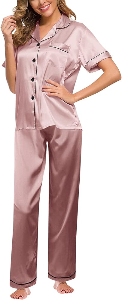 Pajamas for Women Set Soft Satin Sleepwear Pjs Short Sleeve Button down Nightwear with Long Pants Plus Size Lingerie